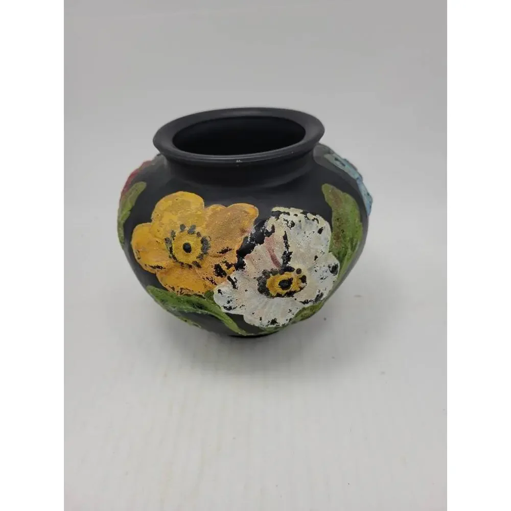 Vintage Tiffin Glass Black Satin Poppy Vase Art Deco Painted Coralene 5.5